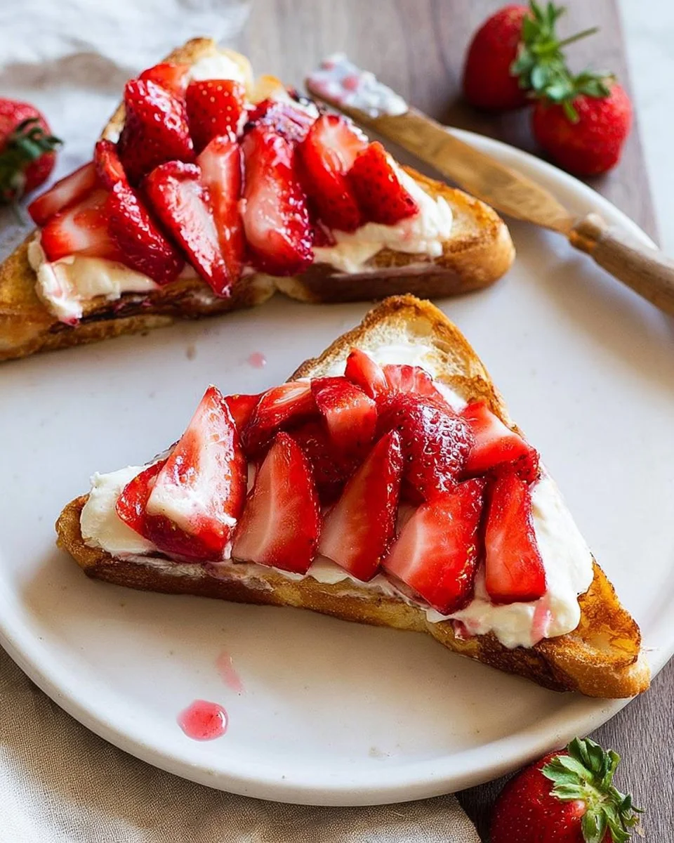 Delicious strawberry cheesecake toast topped with fresh strawberries and cream.