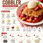 Delicious strawberry cobbler topped with golden buttermilk biscuits on a plate