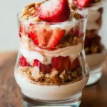 Delicious Strawberry Pretzel Parfait layered with fresh strawberries and pretzel crunch