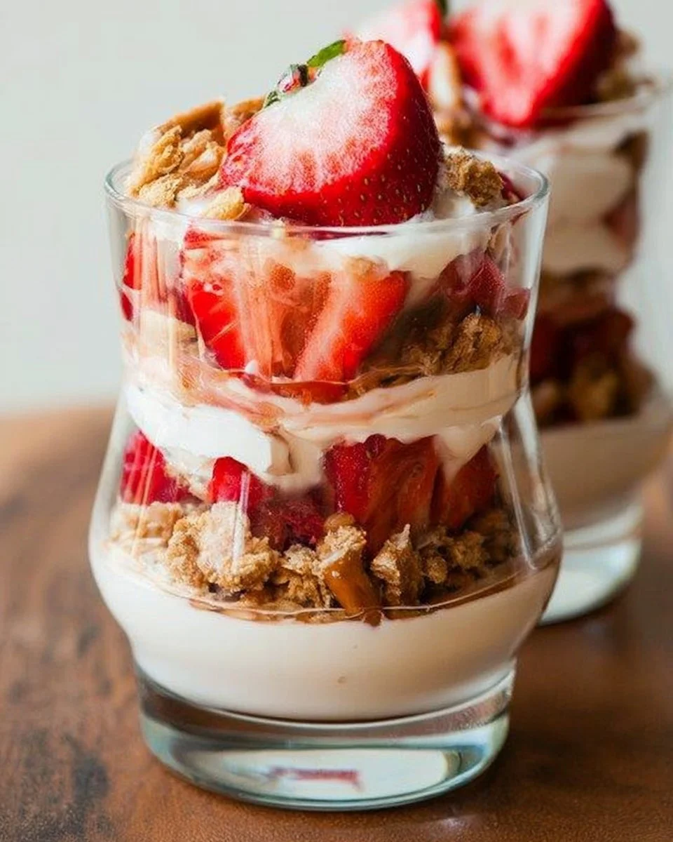 Delicious Strawberry Pretzel Parfait layered with fresh strawberries and pretzel crunch