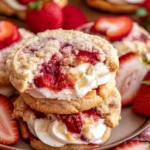 Delicious Strawberry Shortcake Cookies topped with fresh strawberries and cream