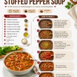 Bowl of hearty stuffed pepper soup with colorful bell peppers and fresh herbs.