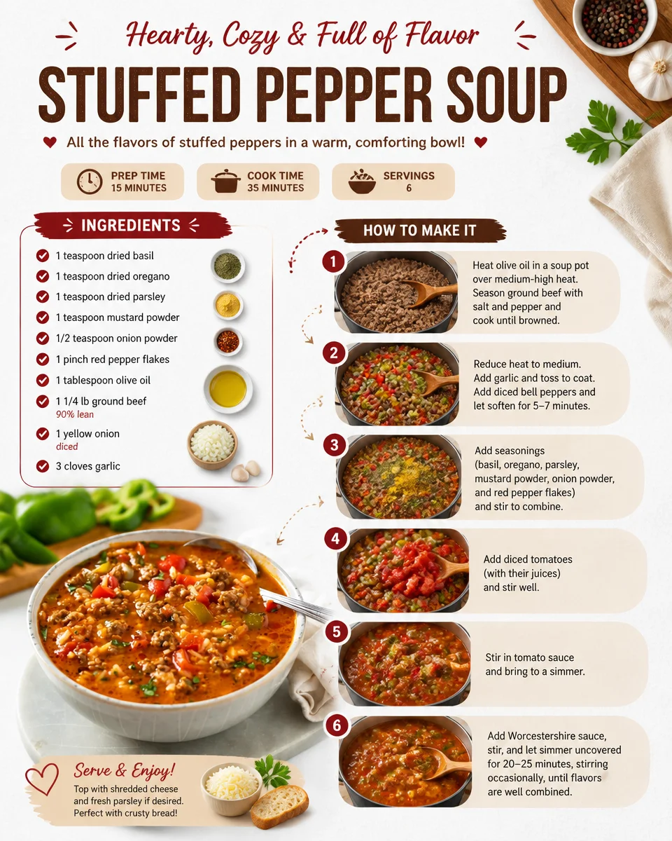 Bowl of hearty stuffed pepper soup with colorful bell peppers and fresh herbs.