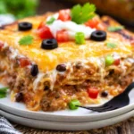 Delicious Taco Lasagna layered with tortillas, beef, cheese, and salsa
