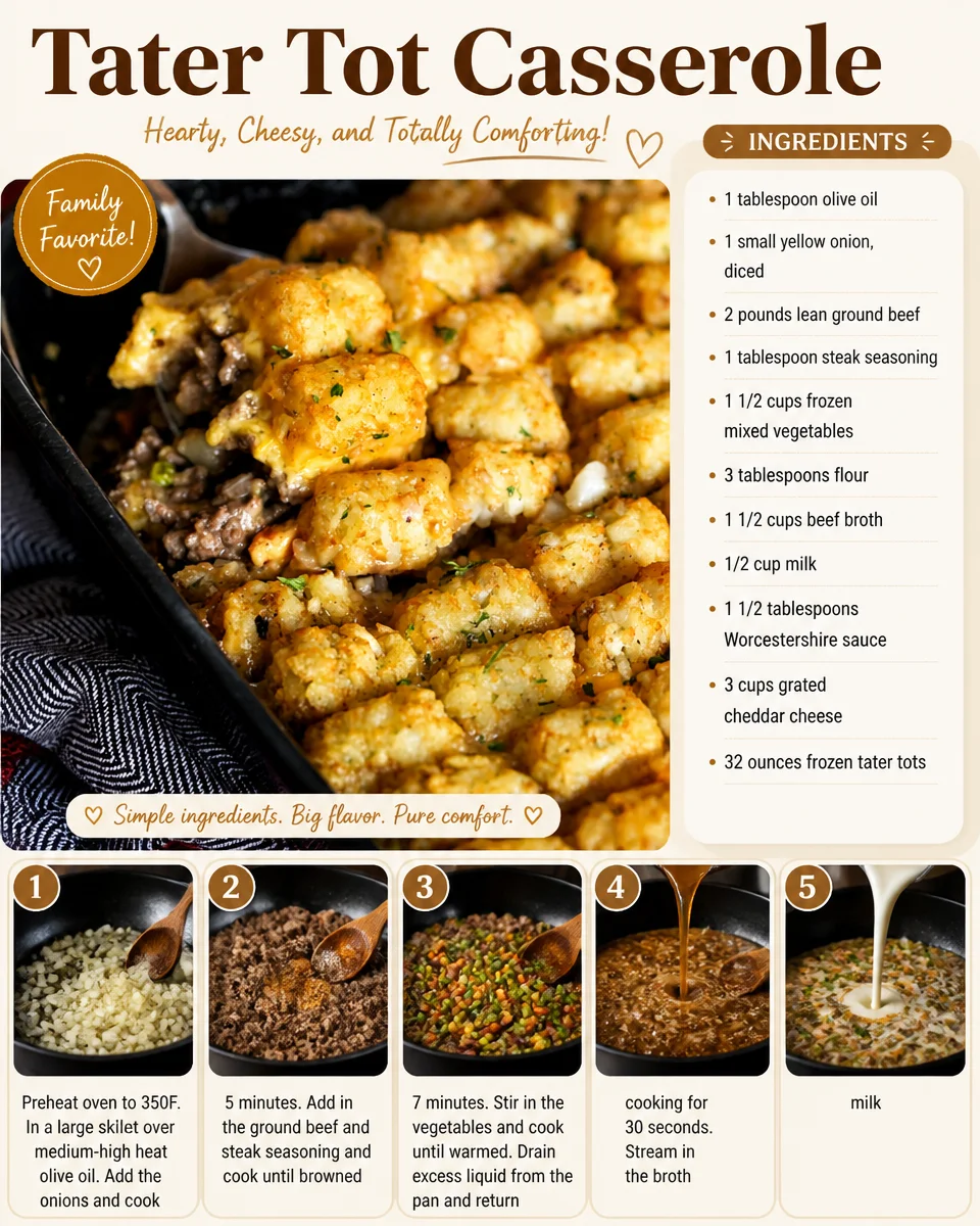 Delicious Tater Tot Casserole served in a baking dish.