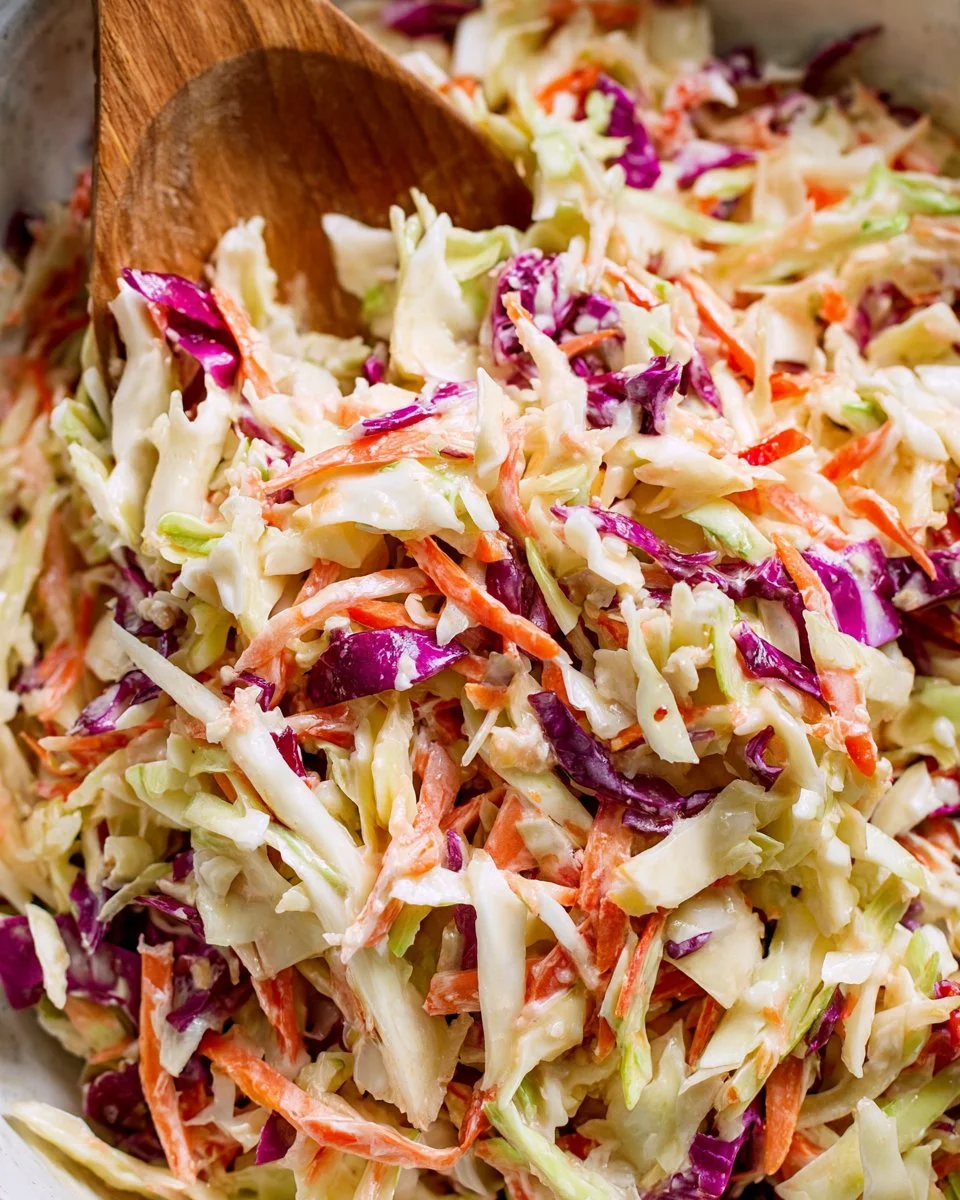 Fresh homemade coleslaw in a bowl with colorful vegetables