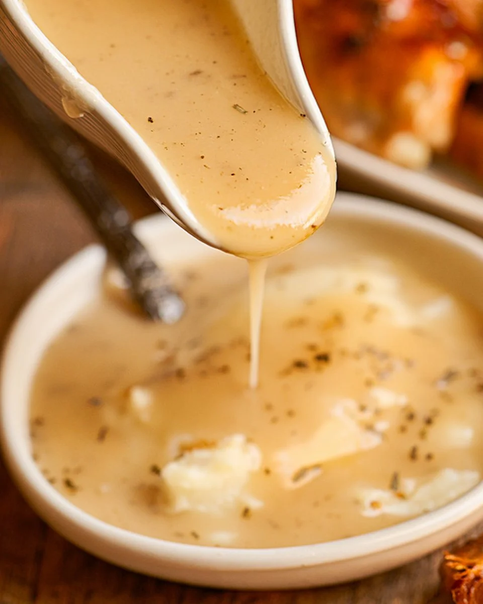 Delicious homemade Turkey Dripping Gravy served over turkey.