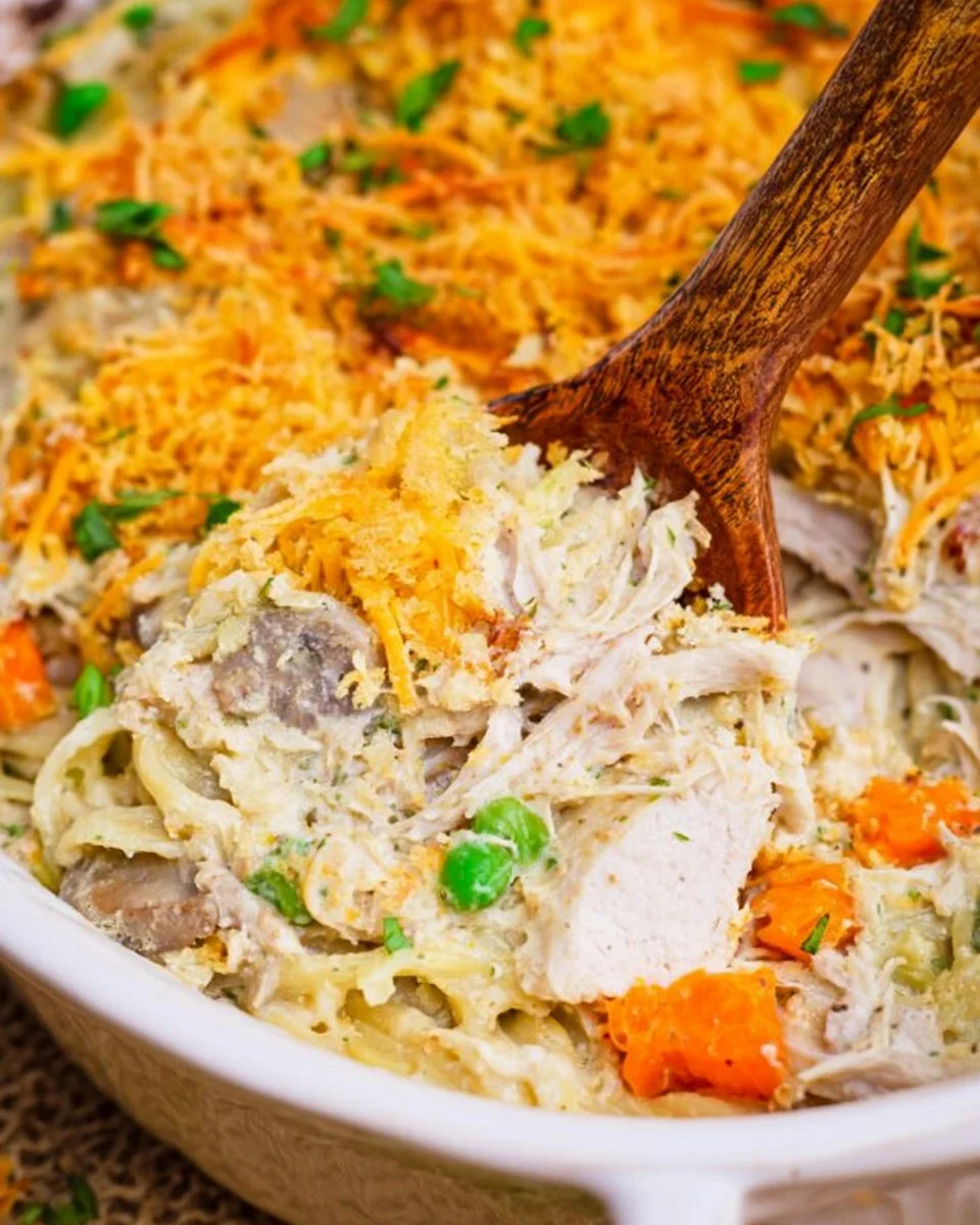 Creamy Turkey Tetrazzini dish served with pasta and vegetables.