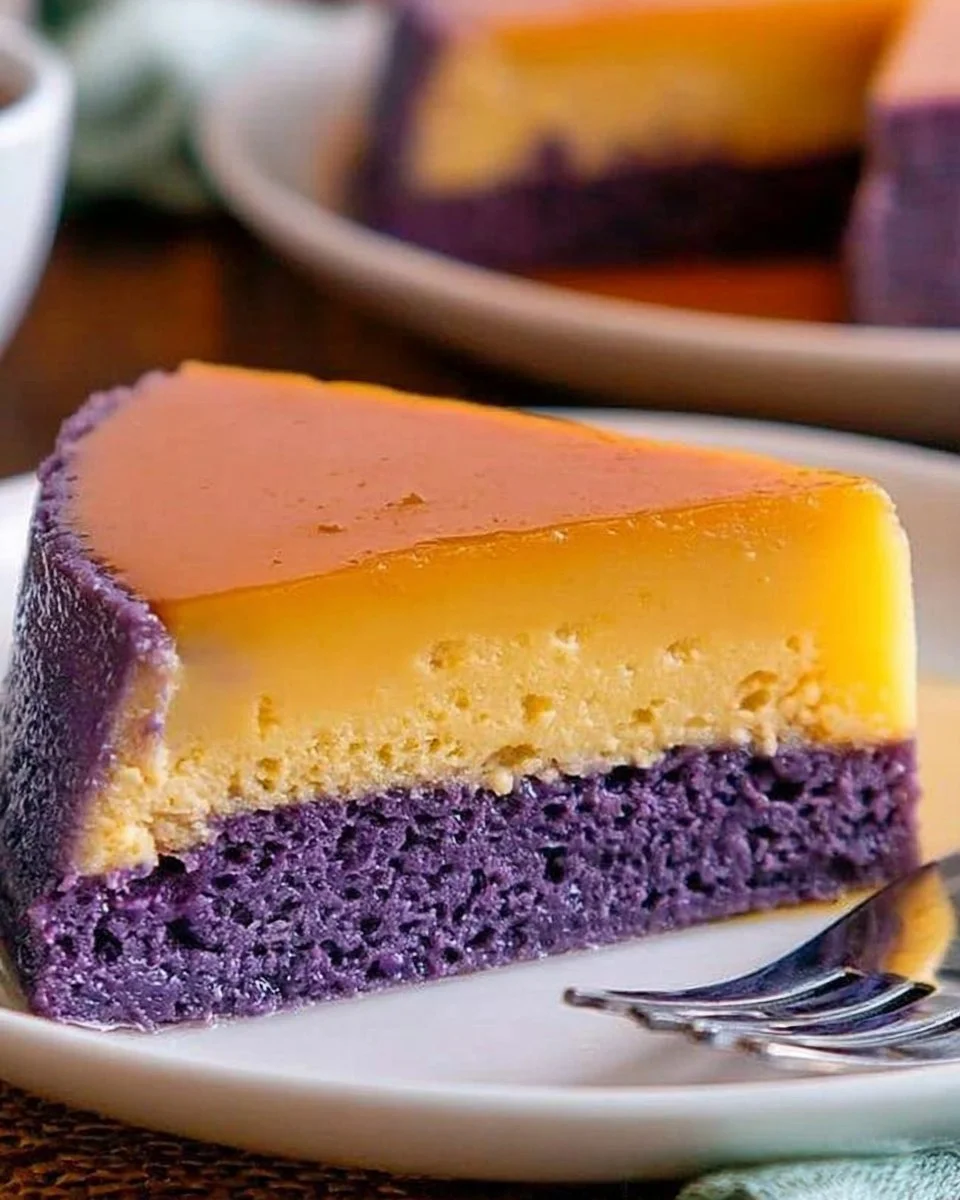 Delicious ube flan cake topped with caramel glaze and ube purple yam topping.