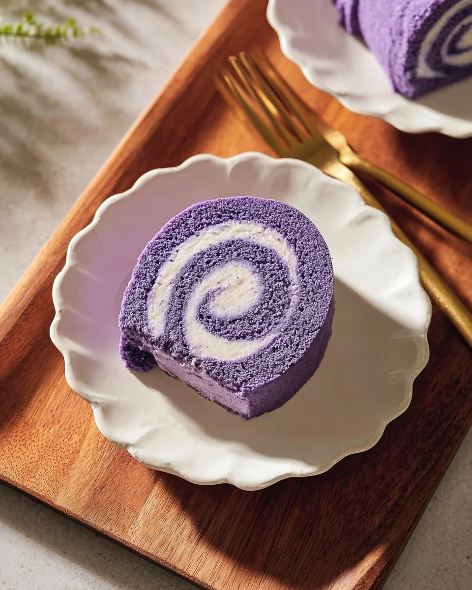 Delicious Ube Roll Cake with rich purple yam flavor, beautifully decorated.