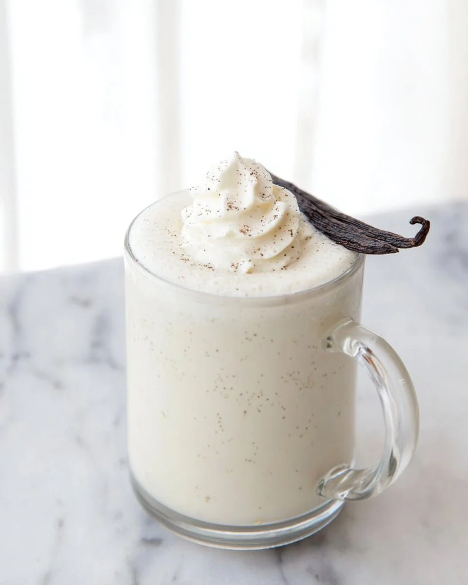 Delicious vanilla bean steamer topped with whipped cream and a vanilla bean.