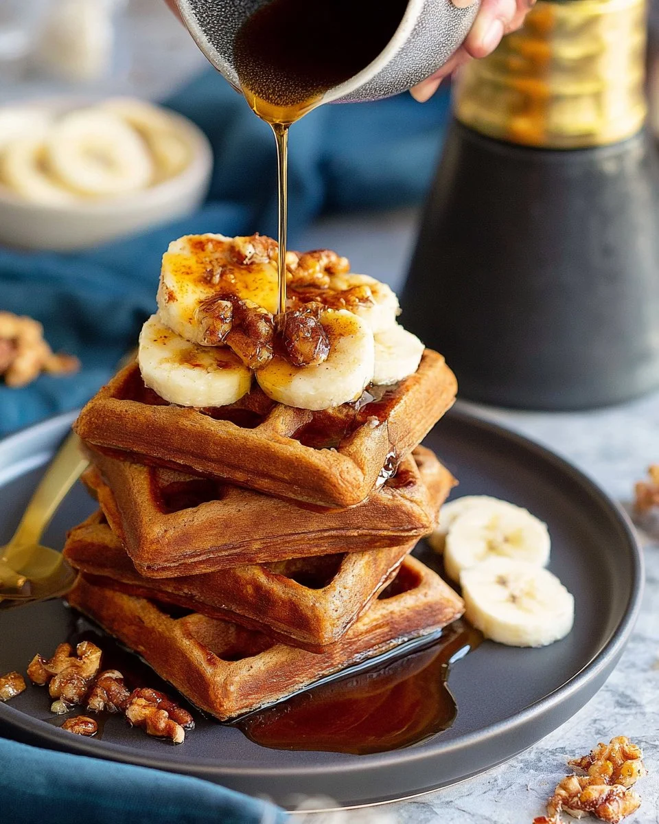 Delicious vegan banana waffles served with fresh fruit and maple syrup.