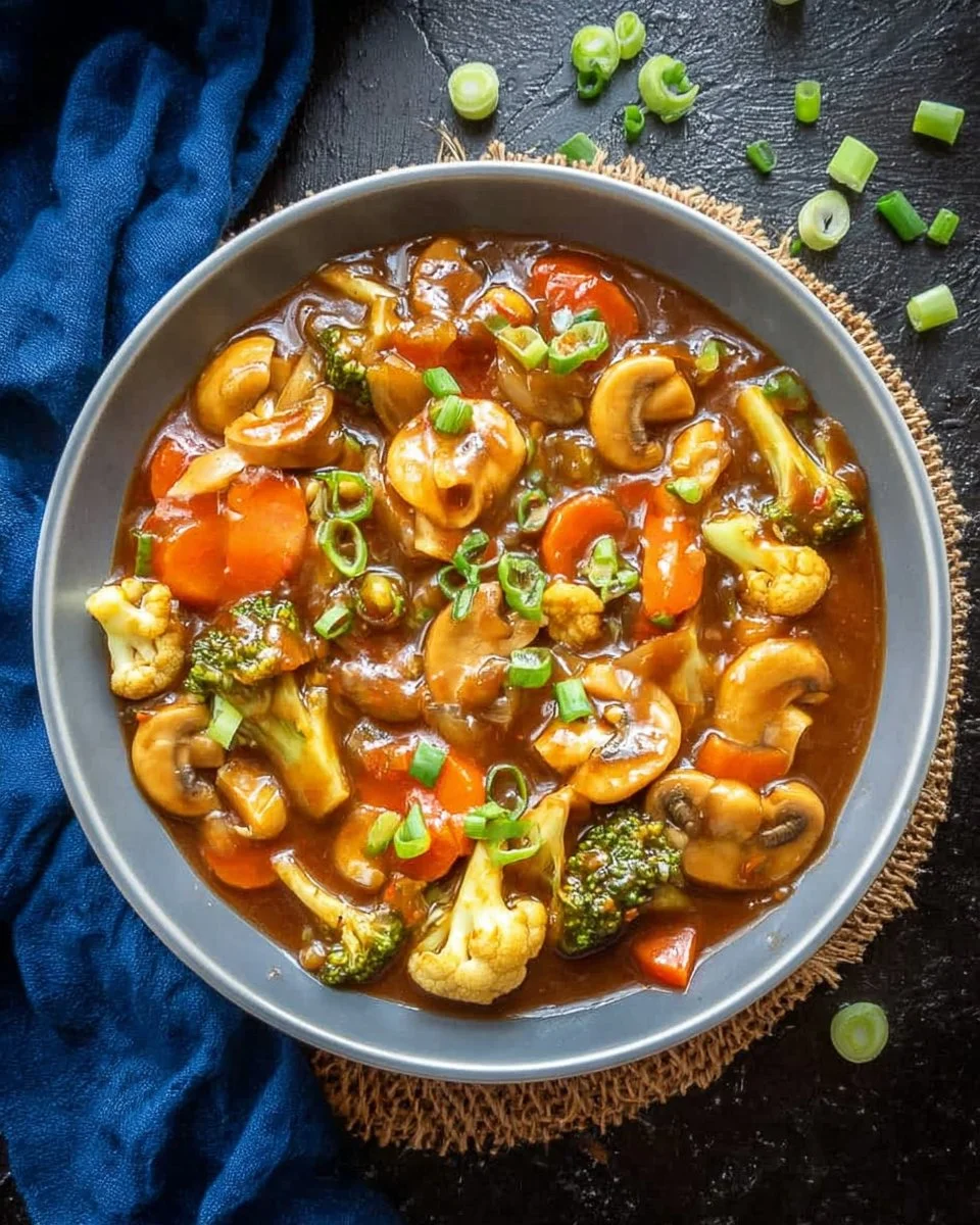 Plate of vegetables in hot garlic sauce showcasing colorful peppers and broccoli