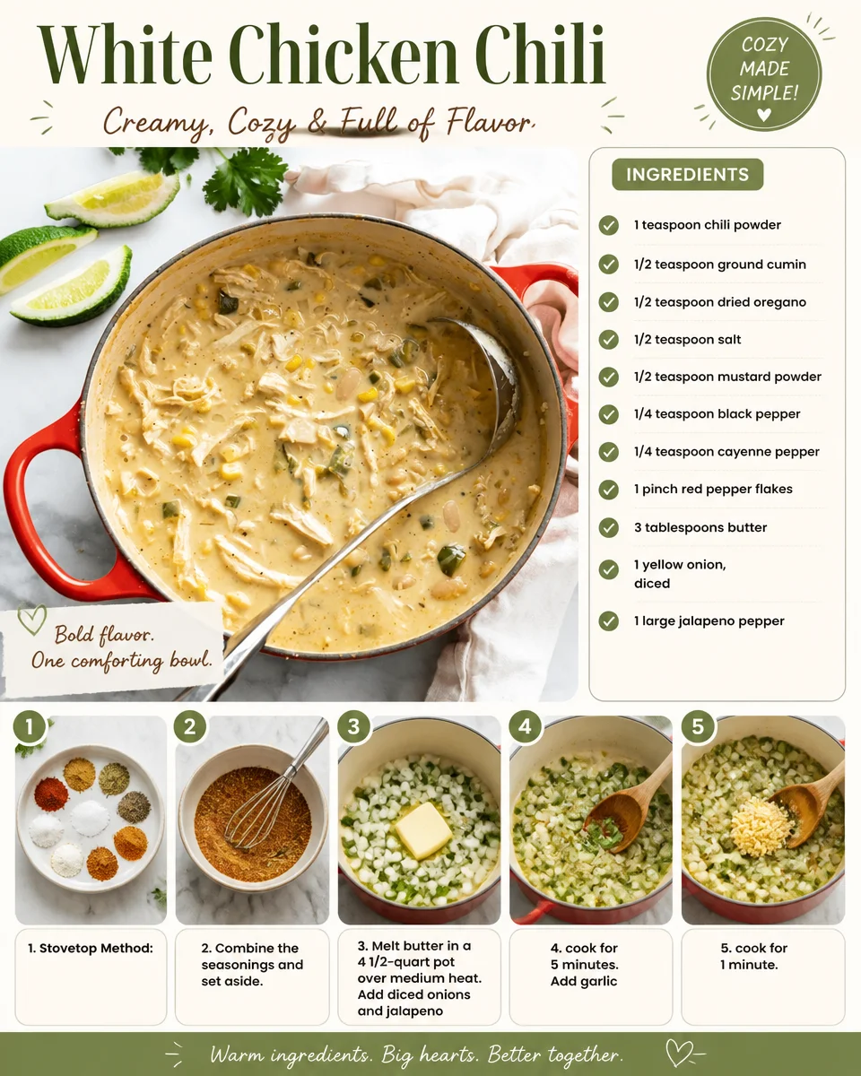 Bowl of hearty white chicken chili topped with cilantro and jalapeños