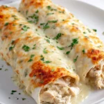 Creamy White Chicken Enchiladas topped with cheese and fresh herbs