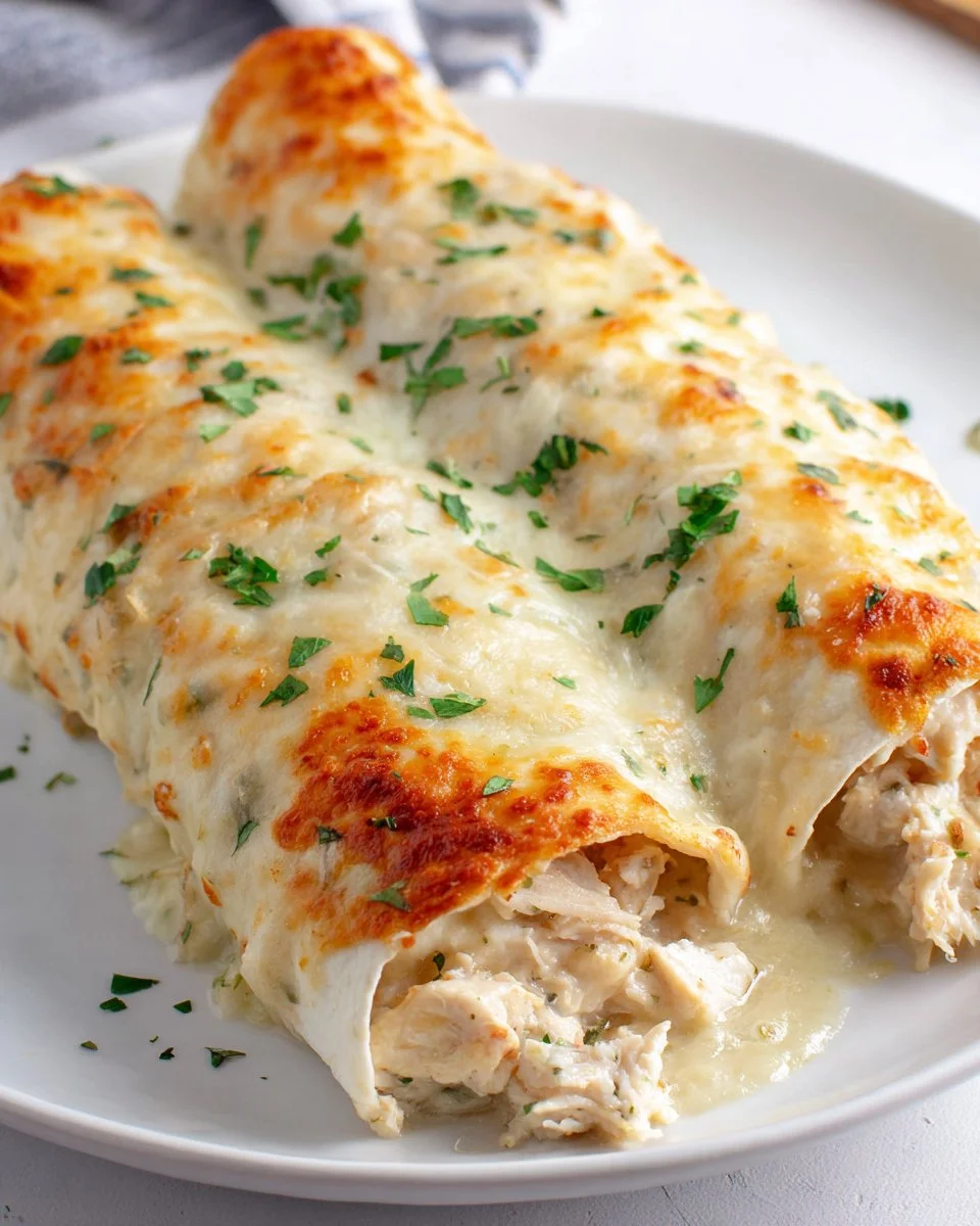 Creamy White Chicken Enchiladas topped with cheese and fresh herbs