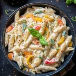 Creamy white sauce pasta topped with fresh herbs and cheese