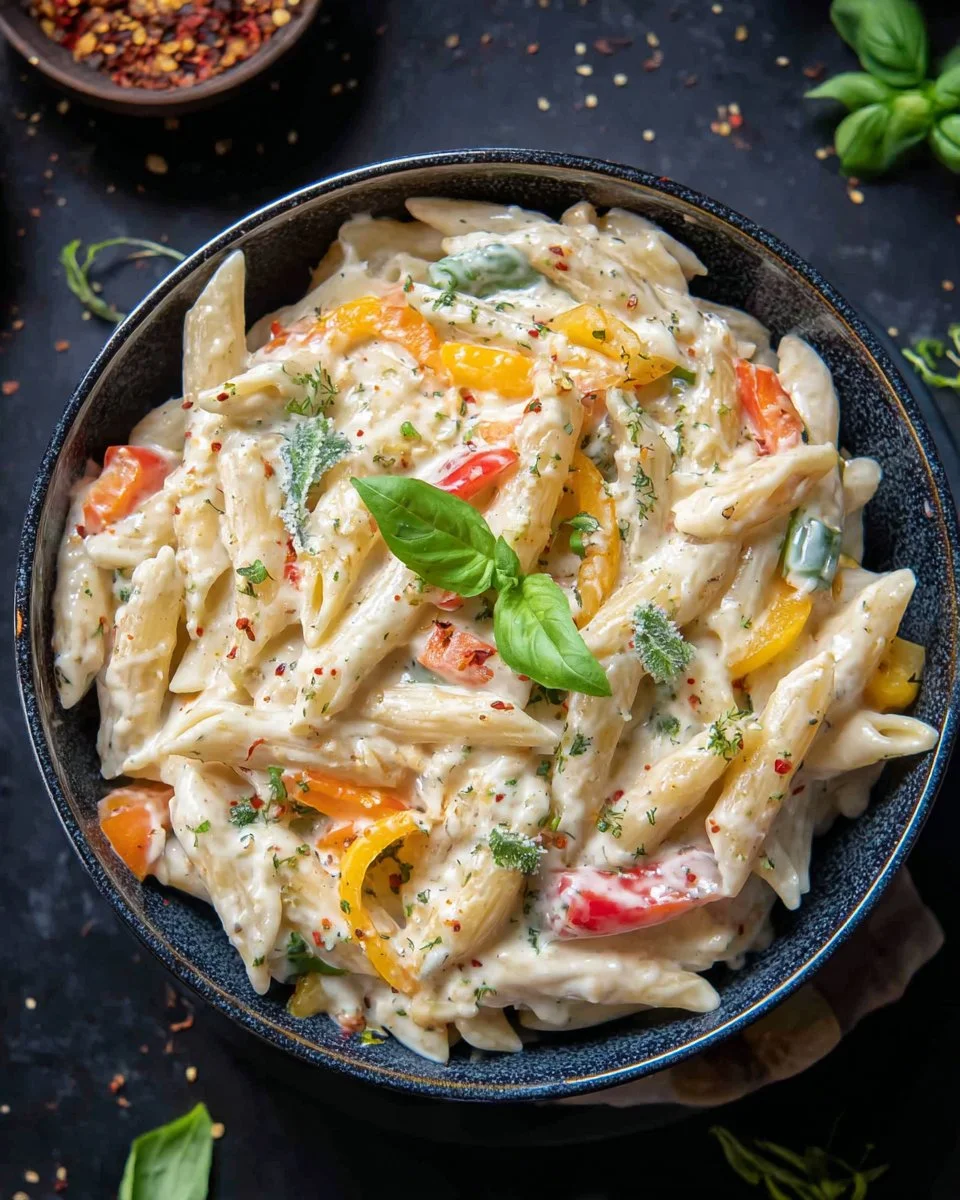 Creamy white sauce pasta topped with fresh herbs and cheese