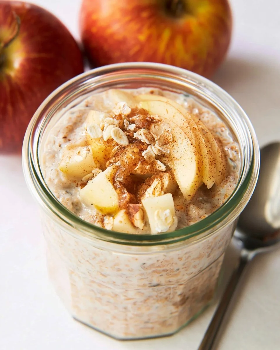 Bowl of delicious Apple Cinnamon Overnight Oats topped with fresh apples and cinnamon