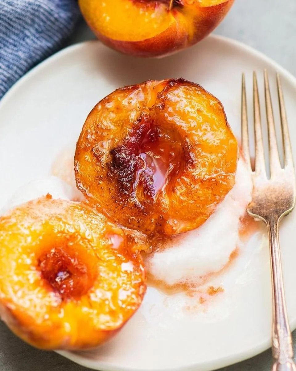 Delicious baked peaches topped with cinnamon and sugar.
