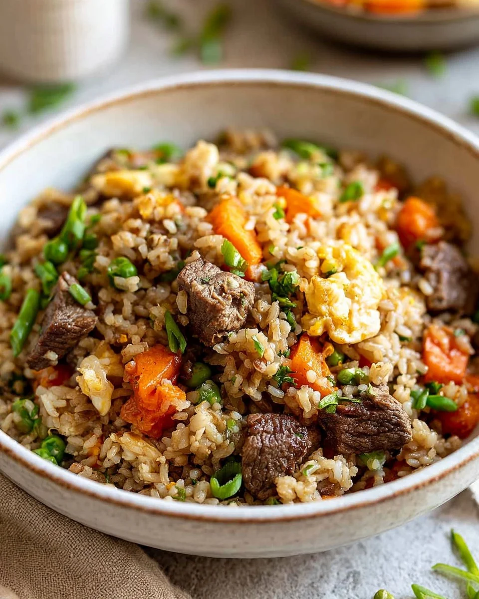 Delicious beef fried rice with tender pieces of beef and colorful vegetables