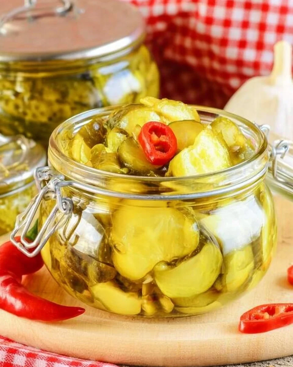 British cucumber pickle in a jar with fresh cucumbers and spices