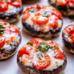 Bruschetta stuffed portobello mushrooms topped with fresh herbs and tomatoes.