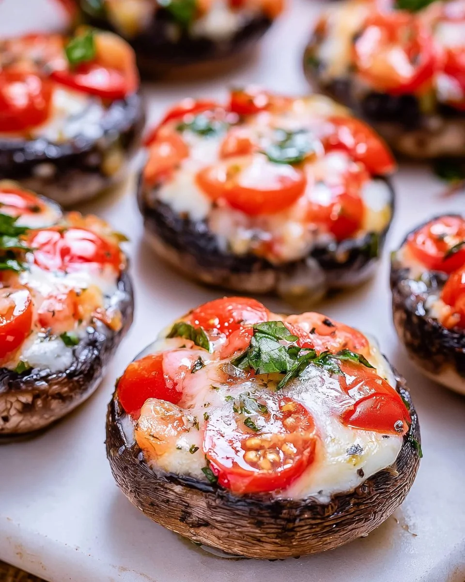 Bruschetta stuffed portobello mushrooms topped with fresh herbs and tomatoes.