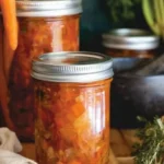 A warm bowl of canned cabbage soup garnished with herbs.