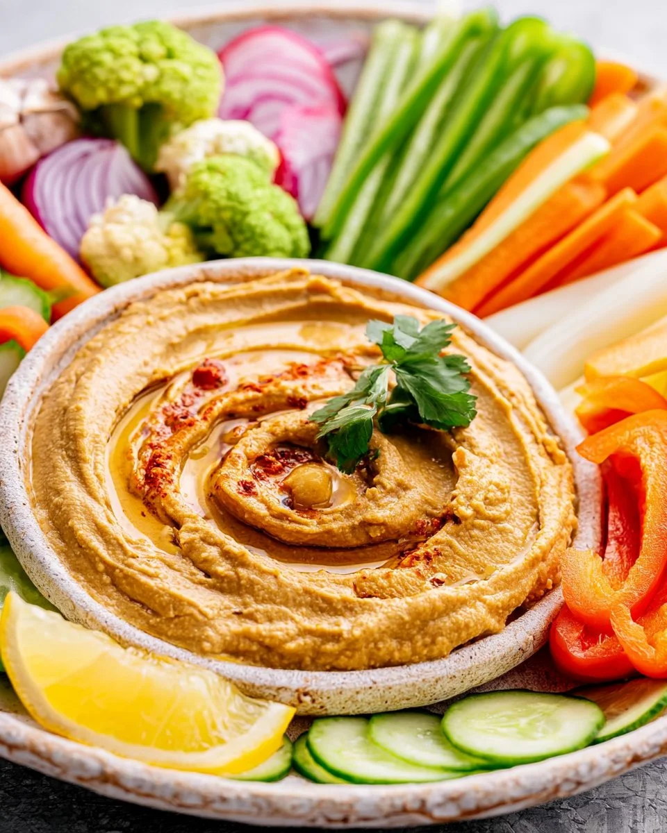 Delicious Chipotle Hummus served with an array of colorful crunchy veggies.