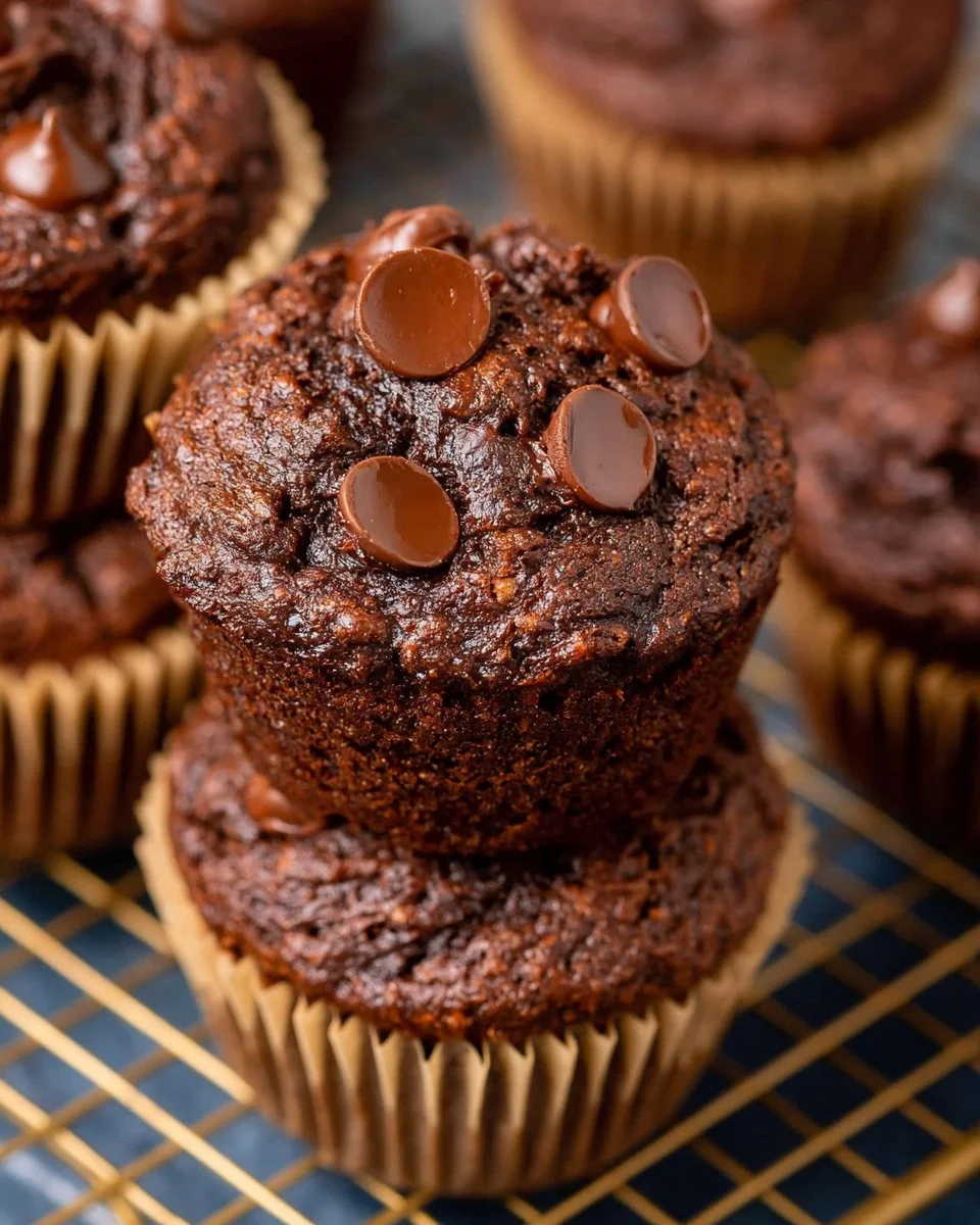 Freshly baked Chocolate Bran Muffins on a cooling rack