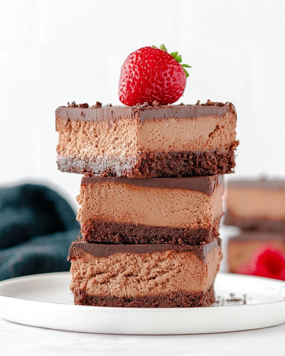 Delicious Chocolate Cheesecake Bars topped with chocolate drizzle