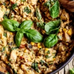 Creamy basil chicken served on a plate with fresh basil garnish.