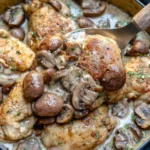 Delicious creamy garlic chicken with mushrooms plated attractively.