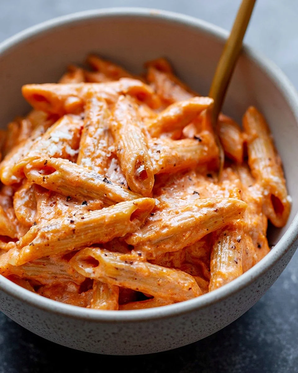 Creamy rose sauce served over pasta in a bowl with fresh basil.