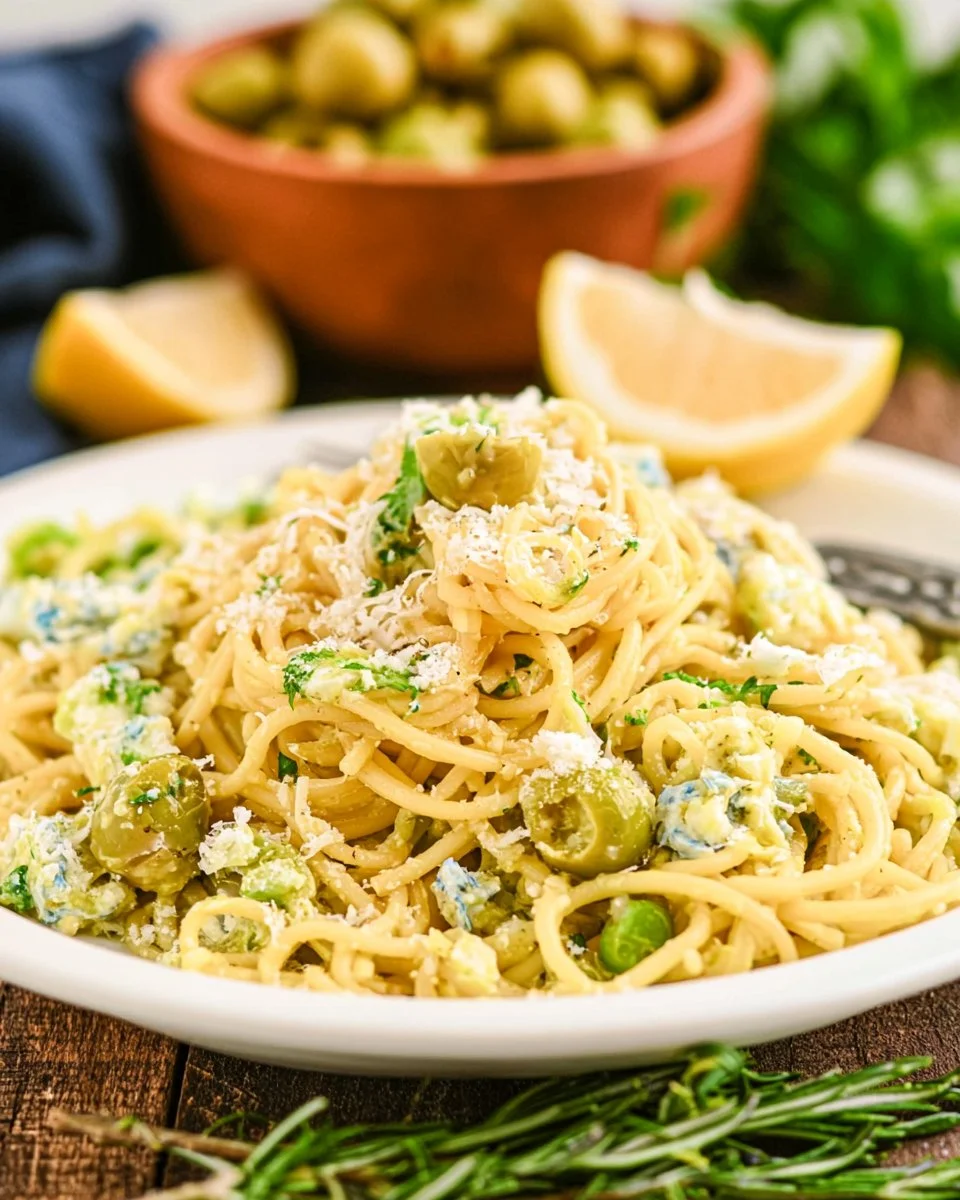 Delicious Dirty Martini Pasta garnished with olives and herbs