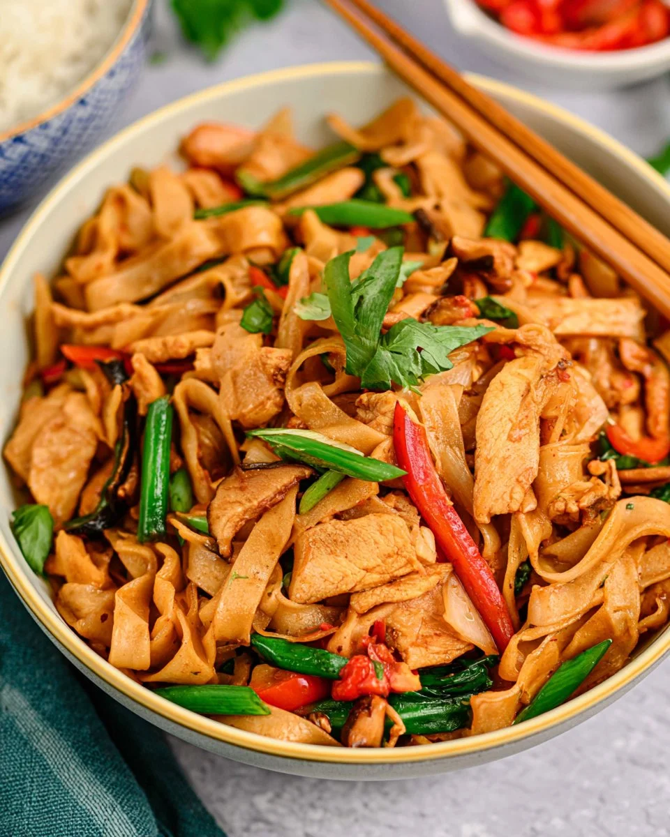Delicious Drunken Noodles Pad Kee Mao served with fresh vegetables and spices
