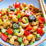 Delicious easy cashew chicken stir fry served in a bowl with vegetables