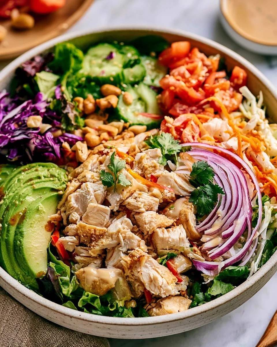 Easy chopped chicken salad with high protein and maple vinaigrette dressing