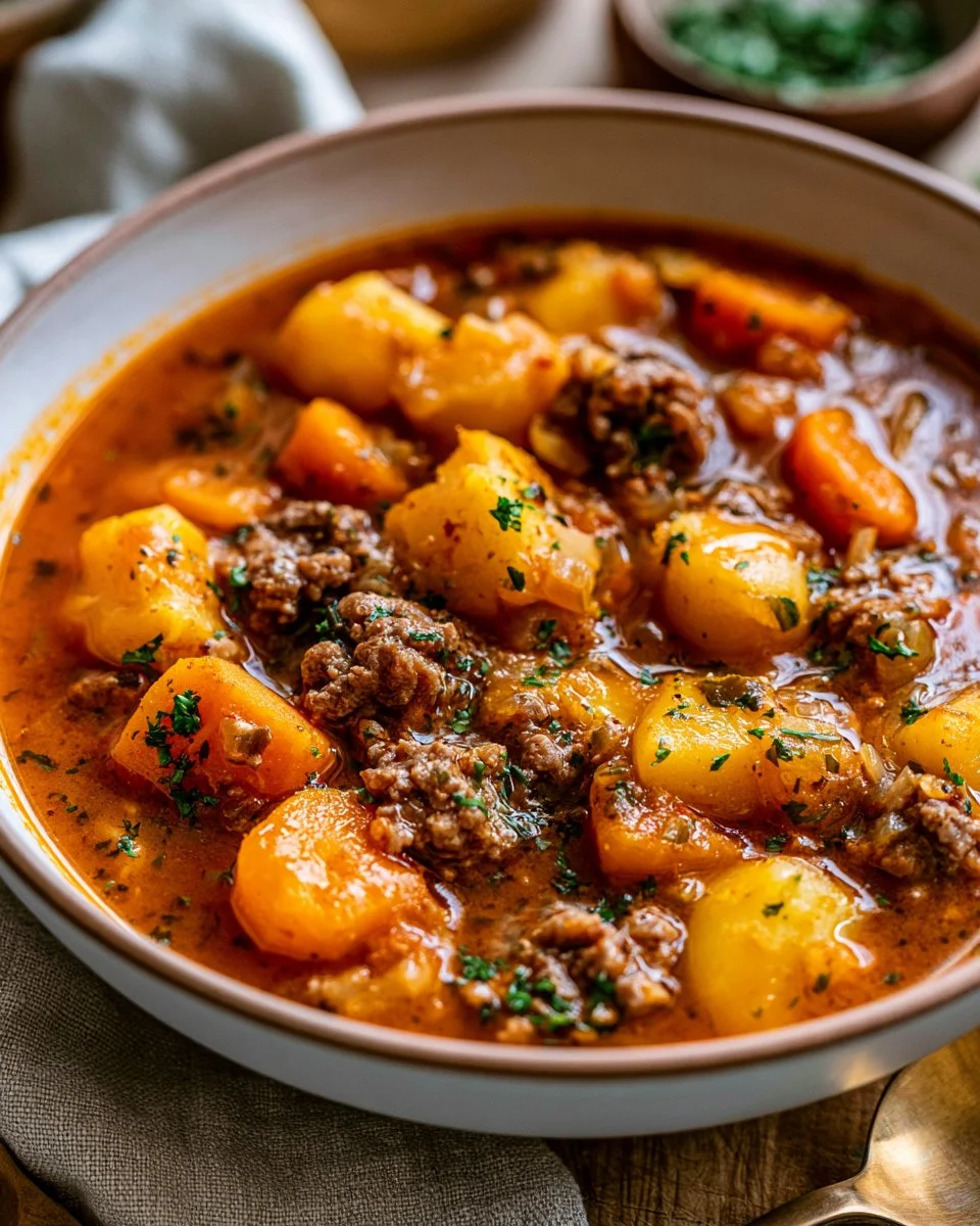 Bowl of easy hamburger soup with vegetables and herbs.
