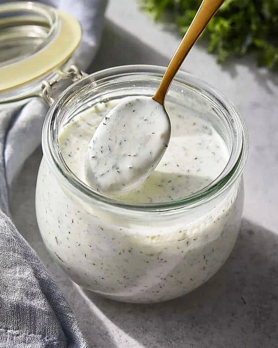 Bowl of easy homemade ranch dressing with fresh herbs and spices.