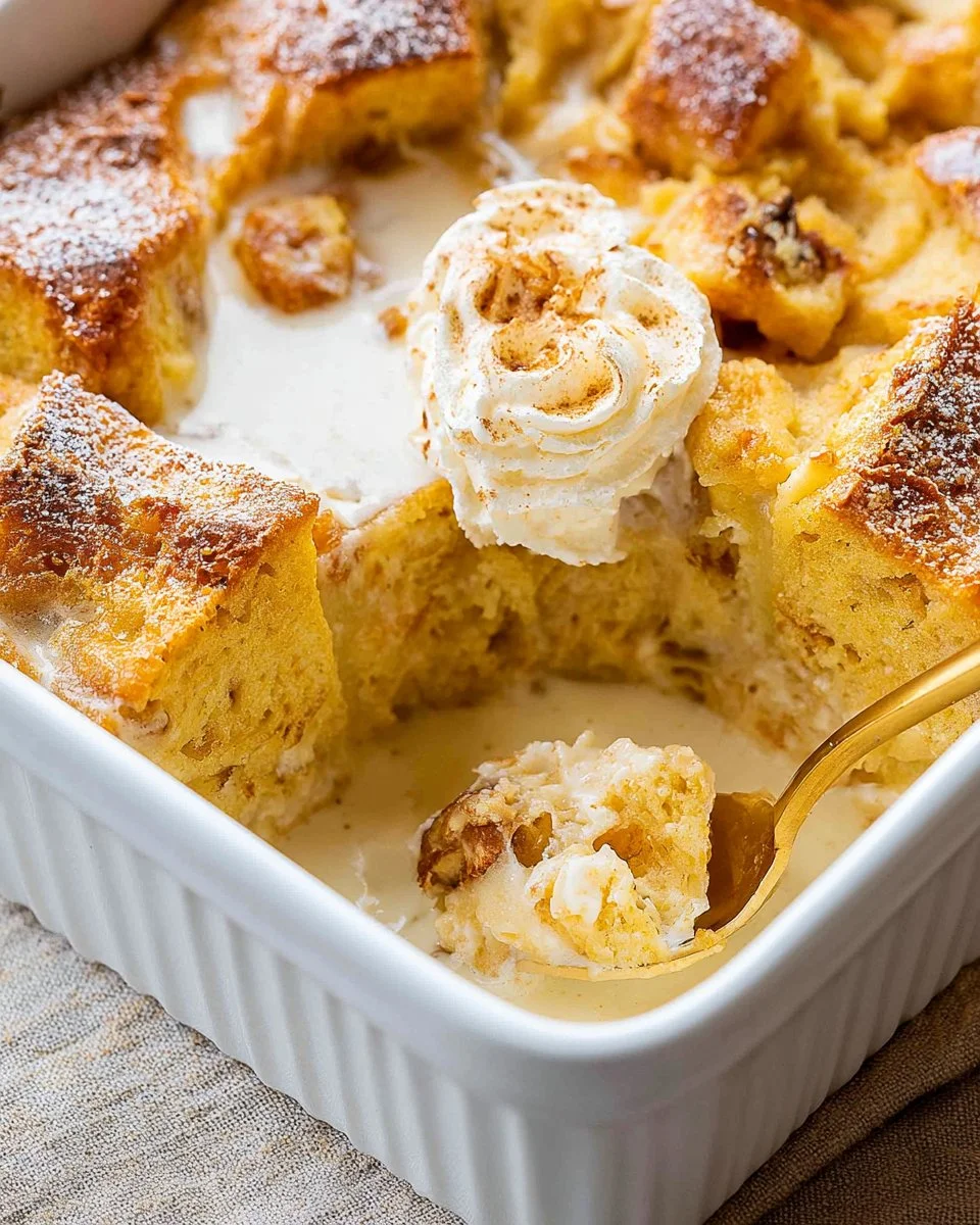 Delicious Eggnog Bread Pudding topped with whipped cream on a festive table