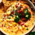 Bowl of Fiesta Chicken Corn Chowder garnished with herbs and spices