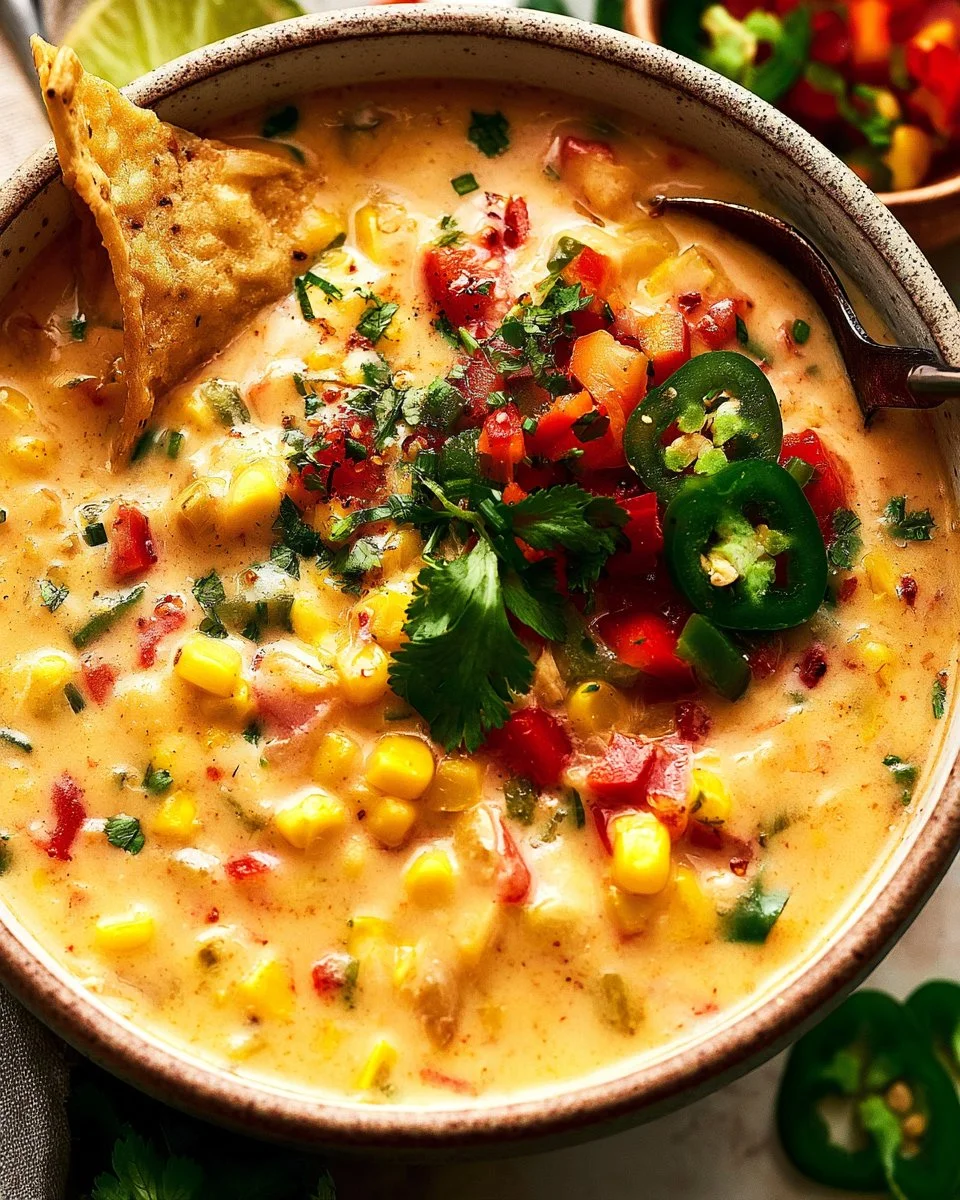 Bowl of Fiesta Chicken Corn Chowder garnished with herbs and spices