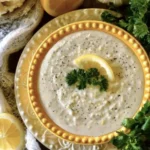 Delicious Garlic Parmesan Sauce drizzled over pasta and garnished with herbs.