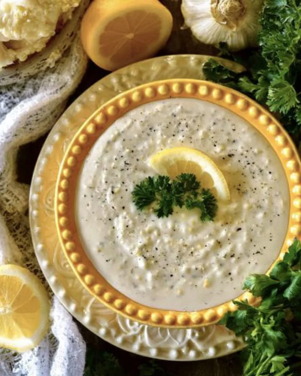 Delicious Garlic Parmesan Sauce drizzled over pasta and garnished with herbs.