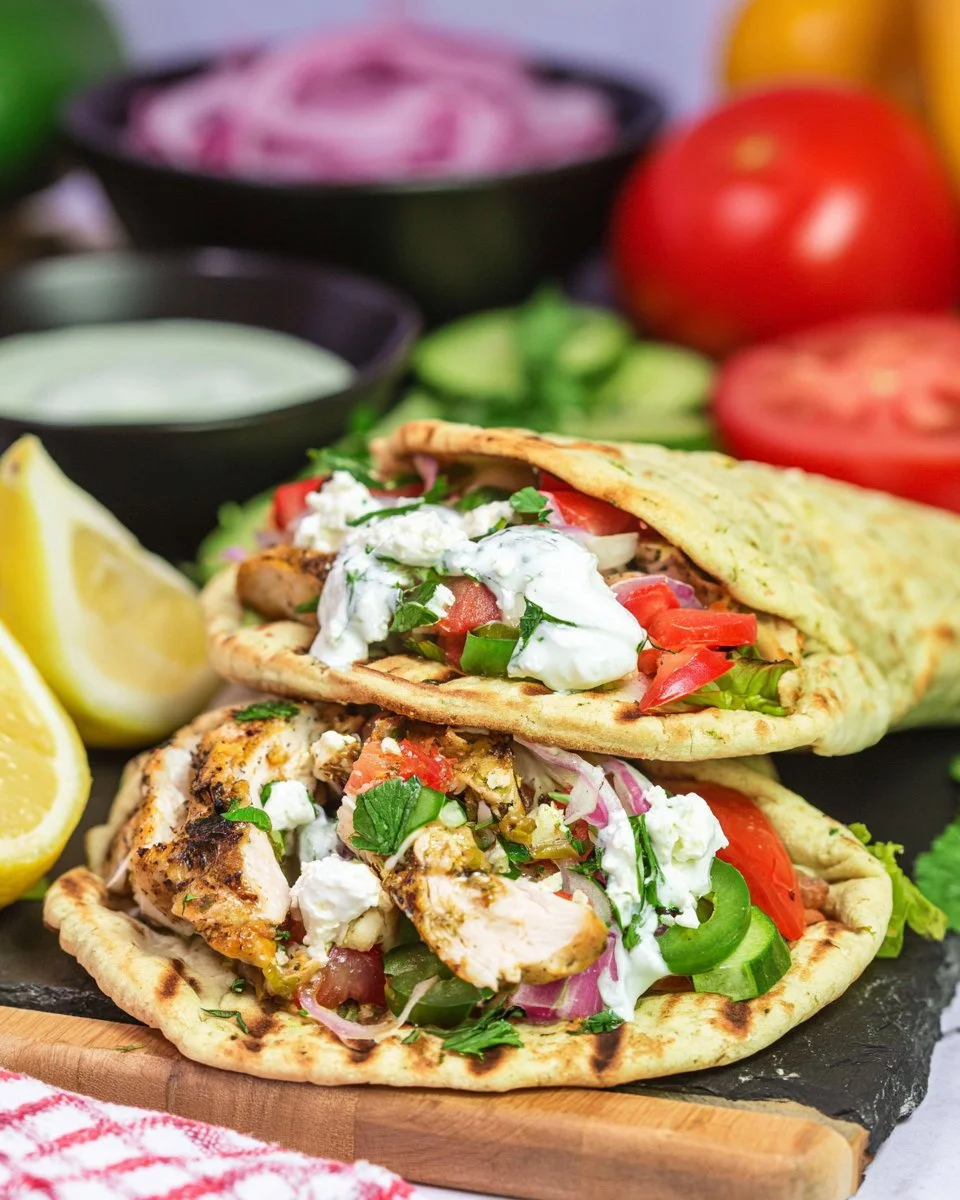 Delicious grilled chicken shawarma wraps with fresh veggies and spices