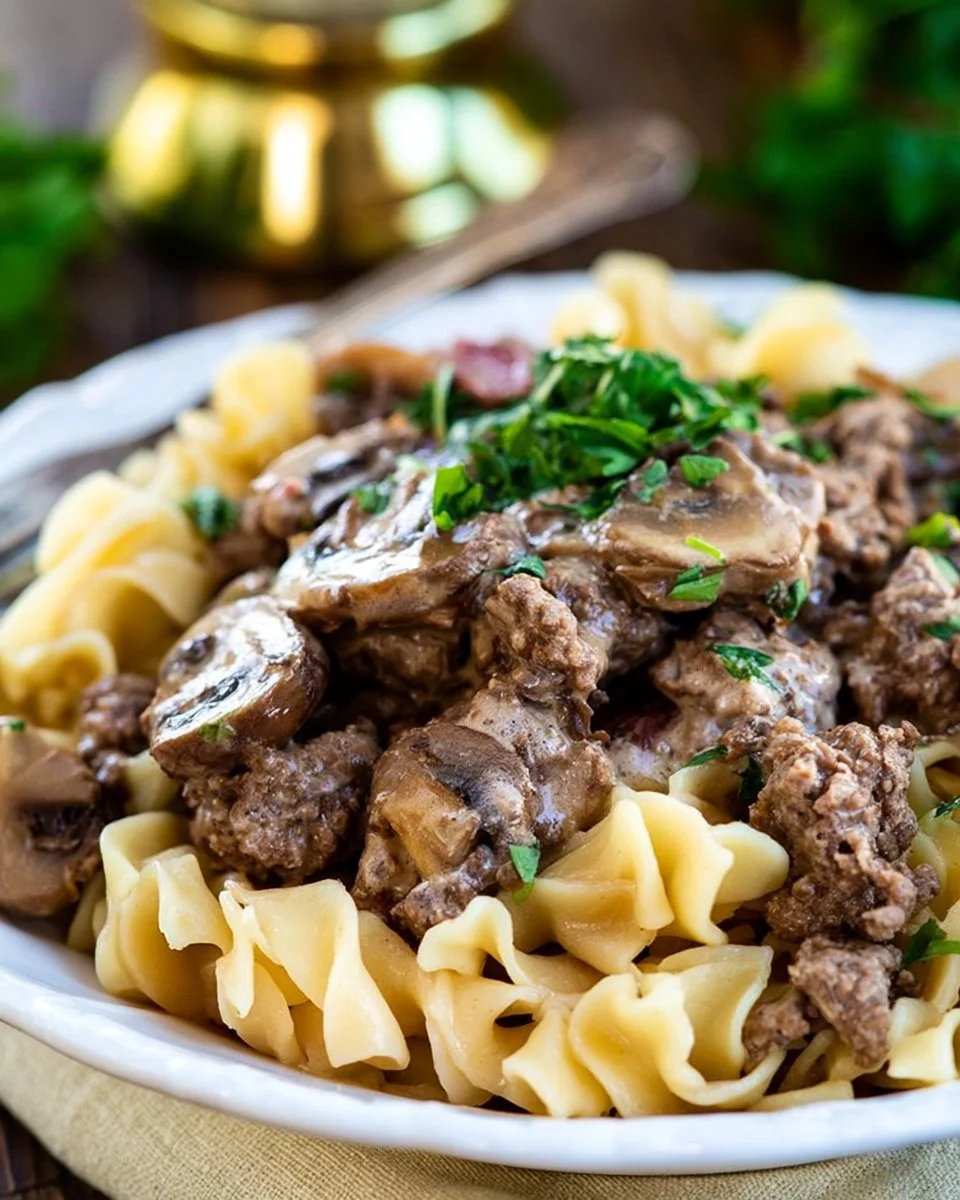 Delicious Ground Beef Stroganoff served with pasta and parsley garnish