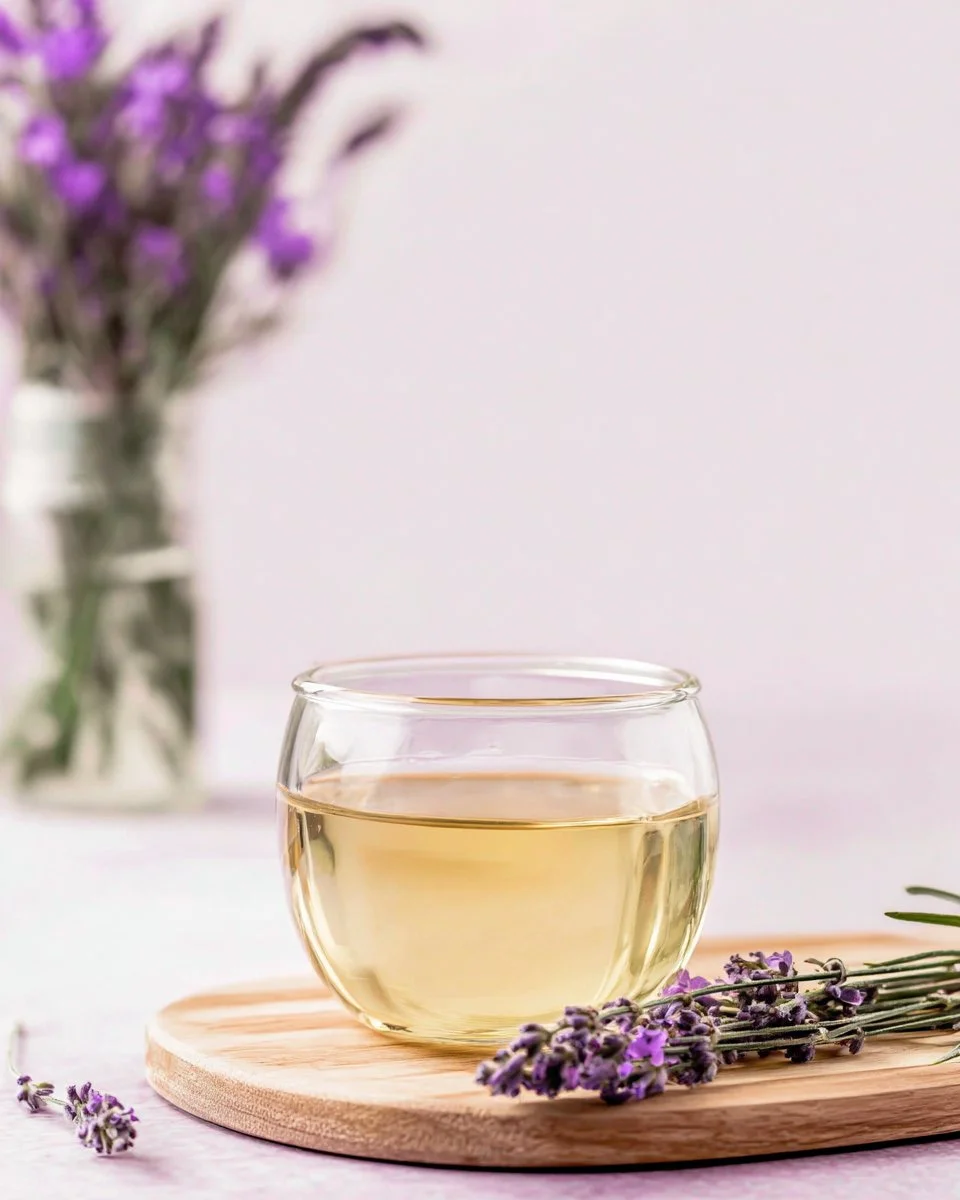 Homemade lavender simple syrup in a glass bottle with fresh lavender sprigs
