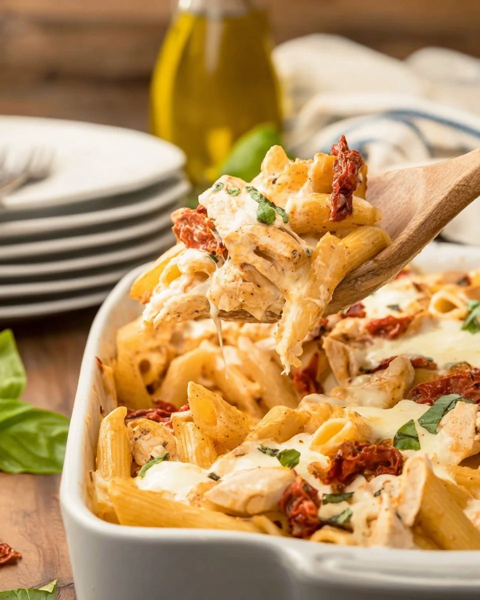 Marry Me Chicken Pasta Casserole topped with cheese and herbs in a baking dish.